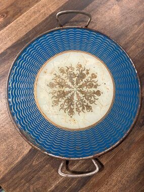 Round Vintage Decorative Blue and Gold Serving Tray